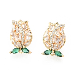 Green Brass Cubic Zirconia Stud Earring Findings, with Horizontal Loops, Tuplip, Golden, Cadmium Free & Nickel Free & Lead Free, Green, 17x11.5mm, Hole: 0.9mm, Pin: 0.7mm