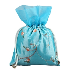 Голубой Шелковые мешочки для цветов с вышивкой, сумка для шнурка, прямоугольные, голубой, 25x16 см