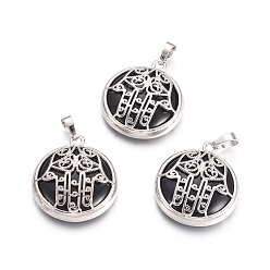 (946F)Морозный цвет внутри  Жонкиль / Непрозрачная зеленая подкладка Натуральный черный агат подвески, с латунной фурнитурой платинового цвета, квартира с рукой хамсы/рукой мириам, окрашенная и подогревом, 31x27.5x8.5 мм, отверстие : 6.5x4 мм