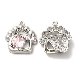 Misty Rose Alloy Pendant, with Glass, Platinum, Lead Free & Cadmium Free, Bag Charm, Misty Rose, 22x20x4.5mm, Hole: 1.5mm