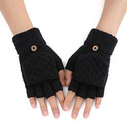 Black Acrylic Fiber Fingerless Gloves, Winter Warm Gloves, Half Capped 2 in 1 Combo Mitten, Black, 160x100mm