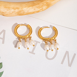 Настоящее золото 18K Модные 304 серьги-люстры из нержавеющей стали в форме риса, с имитацией жемчуга, реальный 18 k позолоченный, 12.1x3.1 мм