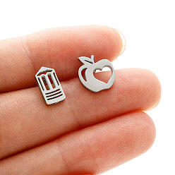 Нержавеющая Сталь Цвет День учителя 304 серьги-гвоздики из нержавеющей стали, яблоко и карандаш, слева и справа, цвет нержавеющей стали, 10x9 mm и 10x5 mm