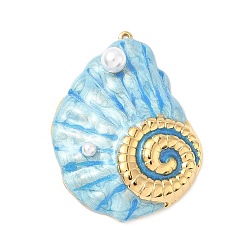 Небесно-голубой 304 нержавеющей стальной эмали подвески, подвески в форме ракушек, с пластмассовой жемчужиной abs, голубой, 47x35x9 мм, отверстие : 1.2 мм