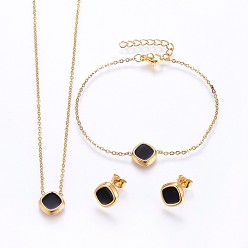 Золотой 304 нержавеющей стали ювелирных изделий, подвесные ожерелья и серьги и браслеты, с эмалью, квадратный, золотые, 16.93 дюйм (43 см), 7-1/8 дюйм (18 см), 11x11x2.5 мм, штифты : 0.8 мм