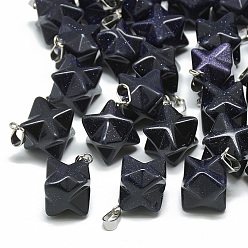 Синий Драгоценный Камень Синтетический синий авантюрин подвески, с защелкой из нержавеющей стали на поручнях, Звезда Меркабы, 21~23x16~17x16~17 мм, отверстие : 6x4 мм