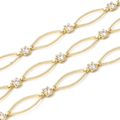 Light Gold Цепи ручной работы с латунными звеньями и прозрачными кубическими цирконами в форме конского глаза, несварные, с катушкой, золотой свет, 14.5x5x0.8 мм и 7.5x3.2x2 мм, около 16.40 футов (5 м) / рулон