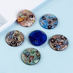 Mixed Color Handmade Silver Foil Lampwork Pendants, with Gold Sand, Flat Round, Mixed Color, 41x10mm, Hole: 5mm, 12pcs/box