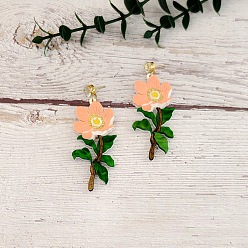 Цветок Подвесные серьги-гвоздики из акрила и пластика с жемчугом и стразами, цветок, 80x30 мм