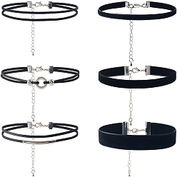 Черный 6шт. 6 стили чокеров из бархата и искусственной кожи, с латунными и 304 цепочками из нержавеющей стали., платиновый и цвет нержавеющей стали, чёрные, 13.39 дюйм (34 см), 1 шт / стиль