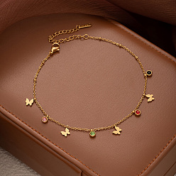 Бабочка 304 Браслеты на лодыжку из нержавеющей стали с разноцветными фианитами для женщин, золотые, бабочка, 8-1/4 дюйм (210 мм)