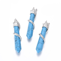 Синтетическая Бирюза Синтетический бирюзовые большие кулоны, с латунной фурнитурой , змея с бриллиантом, окрашенные, Платиновый металл, Плут синий, 60x12 мм, отверстие : 5x7 мм