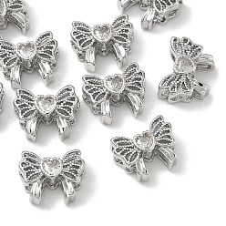Platinum SHEGRACE Brass Pave Clear Cubic Zirconia Beads, Bowknot with Heart, Cadmium Free & Lead Free & Nickel Free, Platinum, 9x11x5mm, Hole: 1.6mm