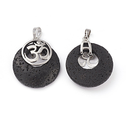 Лавовый камень Подвески из натуральной лавы, с латунной фурнитурой платинового цвета, плоский круглый с символом ом, 32~32.5x28x7~7.5 мм, отверстие : 5x8 мм
