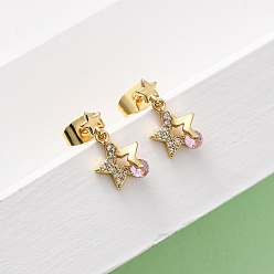 Настоящее золото 16K Серьги-гвоздики в форме звезды с микропаве из латуни и кубическими циркониями, реальный 16 k позолоченный, 13.5x8 мм