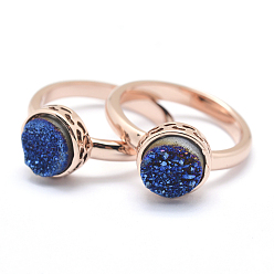Синий Гальванизированный естественный druzy агат кристалл палец кольца, с фурнитурой из экологически чистой латуни, без свинца и без кадмия, долговечный, плоско-круглые, Размер 7, Настоящее розовое золото покрыто, синие, 17 мм