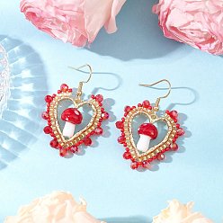 Красный Серьги-подвески в форме сердца с грибом ручной работы в технике лэмпворк, с круглыми стеклянными бусинами класса А и подвесками из сплава с открытым оправой, гальванизированными стеклянными бусинами и 304 крючками для сережек из нержавеющей стали, золотые, красные, 45x31.5 мм