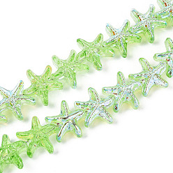 Зеленый лайм Гальваническое покрытие, прозрачные стеклянные бусины, нити, морская звезда, с половиным покрытием, зеленый лайм, 14.5~15x14~16x8~8.5 мм, отверстие : 0.9~1 мм, около 50~51 шт / нитка, 24.41~25 дюйм (62~63.5 см)