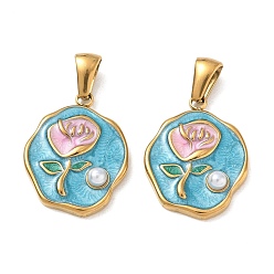 Golden 304 Stainless Steel Enamel Pendants, Nuggets with Flower Charmss, with ABS Imitation Pearl, Ion Plating(IP), Long-Lasting Plated, Golden, Golden, 21x16x4mm, Hole: 2.5x6mm
