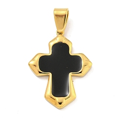 Black Ion Plating(IP) 304 Stainless Steel Pendants, with Enamel, Cross Charm, Golden, Black, 32.5x24.5x3.5mm, Hole: 7x4.5mm