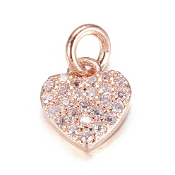 Rose Gold Brass Micro Pave Cubic Zirconia Charms, Heart, Rose Gold, 9x8x2mm, Hole: 3mm