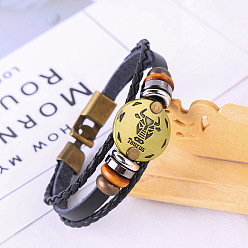 Телец Браслеты из искусственной кожи с тройным слоем из нескольких нитей, плоские круглые браслеты из сплава в виде созвездия для мужчин и женщин, Телец, 7-1/8 дюйм (18 см)