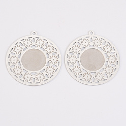 Stainless Steel Color Tarnish Resistant Hollow 304 Stainless Steel Pendant Cabochon Settings, Flat Round with Snowflake Pattern, Stainless Steel Color, Tray: 1/2 inch(13mm), 32.5x30x0.5mm, Hole: 1.2mm