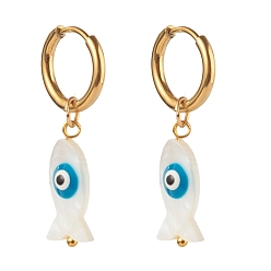 Golden 304 Stainless Steel Huggie Hoop Earrings, with Natural Shell Beads, Fish with Evil Eye, Dodger Blue, Golden, 43mm, Pin: 1mm