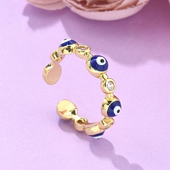 Настоящее золото 18K Латунные кольца из манжеты с прозрачным цирконием, открытые кольца, с эмалью, долговечный, злые глаза, синие, реальный 18 k позолоченный, размер США 6, внутренний диаметр: 17 мм