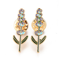 Light Sky Blue Alloy Enamel Brooches, Enamel Pin, with Butterfly Clutches, Flower, Light Gold, Cadmium Free & Nickel Free & Lead Free, Colorful, 32x12x2mm, Pin: 1mm