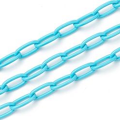 Dark Turquoise Eco-friendly Spray Painted Handmade Brass Paperclip Chains, Soldered, with Spool, Dark Turquoise, 17x8x2mm, 32.8 feet(10m)/roll