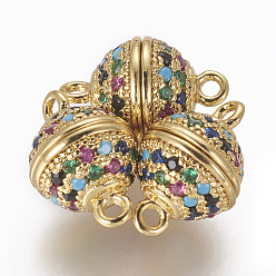 Золотой Магнитные застежки из латуни с цирконием и микропаве с петлями, круглые, красочный, золотые, 13.5x8.5 мм, отверстие : 1.2~1.4 мм