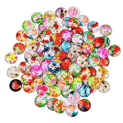 Mixed Color Flower Printed Glass Cabochons, Half Round/Dome, Mixed Color, 25x7mm, 100pcs/box
