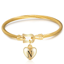 Letter N Браслеты из нержавеющей стали, с сердцем очарование, золотые, для женщин, Письмо N, внутренний диаметр: 2-1/4 дюйм (5.8 см)