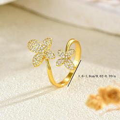 Golden Brass Micro Pave Cubic Zirconia Cuff Open Rings for Women, Butterfly, Golden, 16~18mm