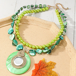 Лайм Двухслойные ожерелья из сплава смолы, искусственного жемчуга и окрашенных натуральных бусин с плоским круглым кулоном для женщин, желто-зеленые, 18.11 дюйм (46 см)