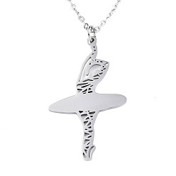 Stainless Steel Color Non-Tarnish 201 Stainless Steel Pendant Necklaces, with Cable Chains, Ballerina, Stainless Steel Color, 17.5 inch~17.9 inch(44.5~45.5cm), 1.5mm, Ballerina: 39.5x20.5x1mm