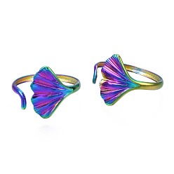 Rainbow Color 304 Stainless Steel Leaf Cuff Ring, Rainbow Color Open Ring for Women, US Size 9(18.9mm)