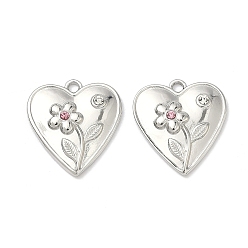 Нержавеющая Сталь Цвет 304 из нержавеющей стали горный хрусталь подвески, сердце с цветочными подвесками, цвет нержавеющей стали, 20.5x19x3 мм, отверстие : 1.8 мм