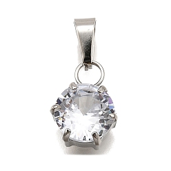 Прозрачный 304 подвески из нержавеющей стали с кубическим цирконием, плоские круглые прелести, прозрачные, 12x9x5.5 мм, отверстие : 3x6 мм