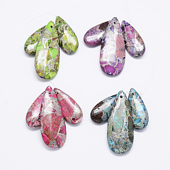 (52) Непрозрачная лаванда Натуральный регалит / имперская яшма / морские отложения яшмовые подвески, с серебряной линией, окрашенные, слеза, разноцветные, 34.5~50.5x15~20.5x6.5~7 мм, отверстие : 2 мм