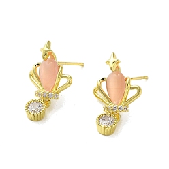 Crown Brass Micro Pave Cubic Zirconia Earrings for Women, with Cat Eye, Golden, 22.5x14.5mm