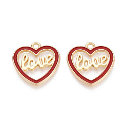 Красный Подвески из эмали и сплава, сердце со словом любовь прелести, золотые, без кадмия, без никеля и без свинца, красные, 18x18x1 мм, отверстие : 1.6~1.8 мм
