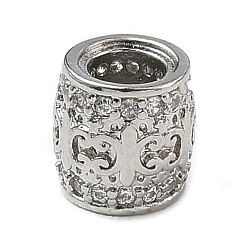 Platinum Rack Plating Brass Micro Pave Clear Cubic Zirconia European Beads, Large Hole Beads, Long-Lasting Plated, Lead Free & Cadmium Free, Column, Platinum, 7.5x7.5mm, Hole: 4.3mm
