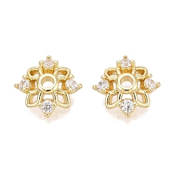 Настоящее золото 18K Колпачки для бусин из прозрачного кубического циркония из латуни, полые цветок, реальный 18 k позолоченный, 10.5x10.5x3 мм, отверстие : 1.6 мм