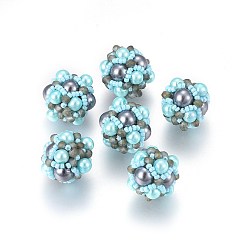 Sky Blue MIYUKI & TOHO Handmade Japanese Seed Beads Woven Beads, Cluster Beads, with Glass Pearl Beads, Round, Sky Blue, 14~16mm, Hole: 1.2mm