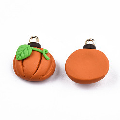 Chocolate Handmade Polymer Clay Pendants, with Light Gold Plated Iron Loop, Pumpkin, Chocolate, 18.5~19.5x16~17x8~8.5mm, Hole: 2mm