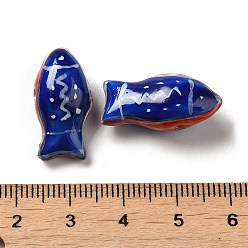 Royal Blue Handmade Printed Porcelain Beads, Famille Rose Porcelain, Fish, Royal Blue, 11x21.5~22x9mm, Hole: 1.5~1.8mm
