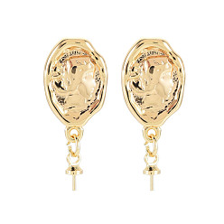 Real 18K Gold Plated Rack Plating Brass Stud Earring Findings, with 925 Sterling Silver Pins and Cup Peg Bails, for Half Drilled Bead, Nickel Free, Oval, Real 18K Gold Plated, 24x10.5mm, Pin: 0.7mm