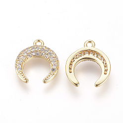 Golden Brass Micro Pave Cubic Zirconia Pendants, Nickel Free, Double Horn/Crescent Moon, Golden, 13x11.5x2mm, Hole: 1.5mm